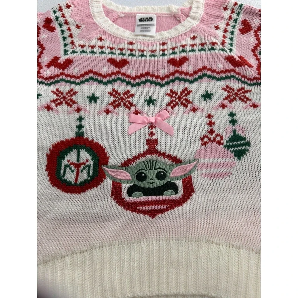 Star Wars Baby Yoda Girls Holiday Sweater Pink & White Size 3T Acrylic Blend NWT